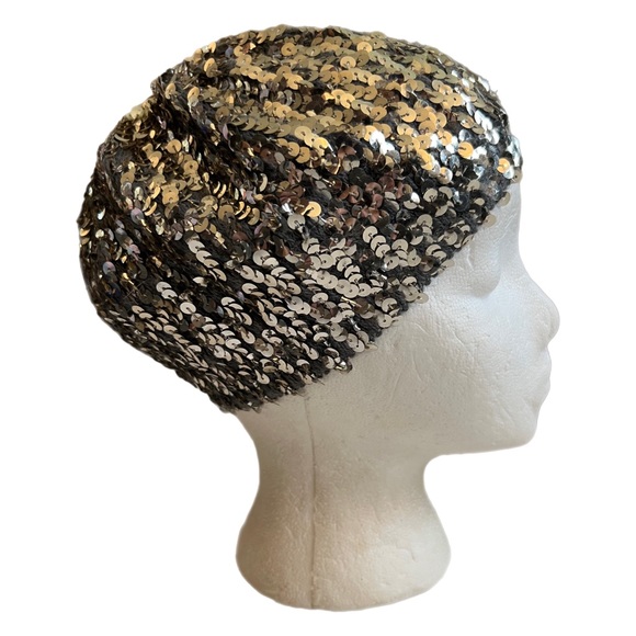 Vintage Accessories - Vintage Silver Sequin Stretch BeanieHat Skull Cap Antique Flapper Dance Costume